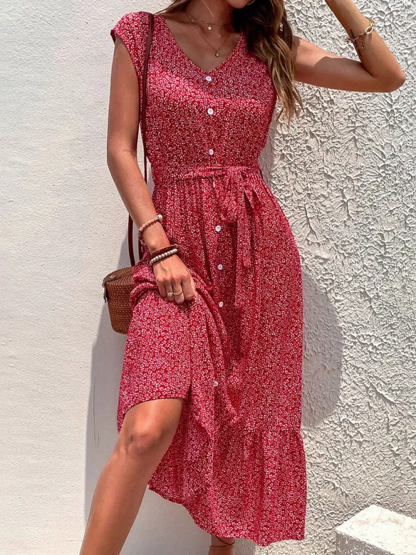 Floral Print Sleeveless Strappy Dress with Button-Down Front