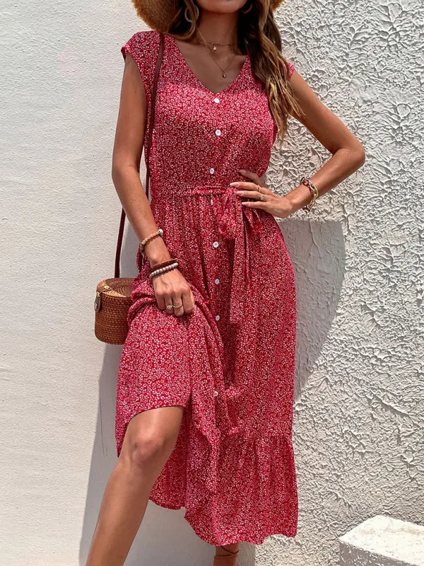 Floral Print Sleeveless Strappy Dress with Button-Down Front