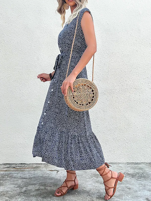 Floral Print Sleeveless Strappy Dress with Button-Down Front