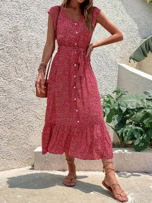 Floral Print Sleeveless Strappy Dress with Button-Down Front