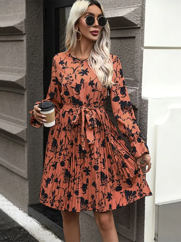 Floral Print V-Neck Dress with Pleated Skirt and Tie Waist
