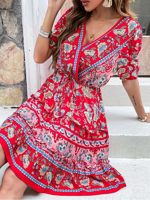 Floral Print V-Neck Dress with Waist Tie and Ruffled Skirt