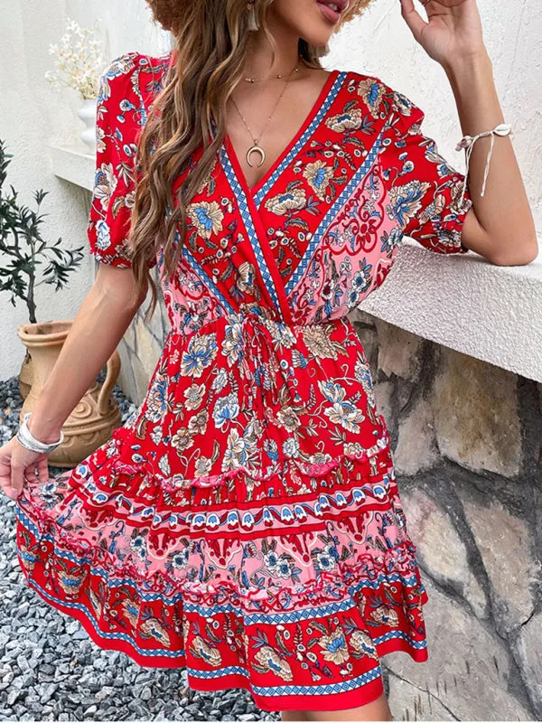 Floral Print V-Neck Dress with Waist Tie and Ruffled Skirt
