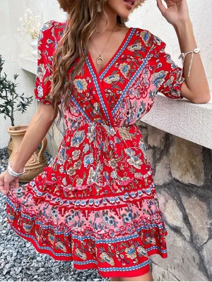 Floral Print V-Neck Dress with Waist Tie and Ruffled Skirt