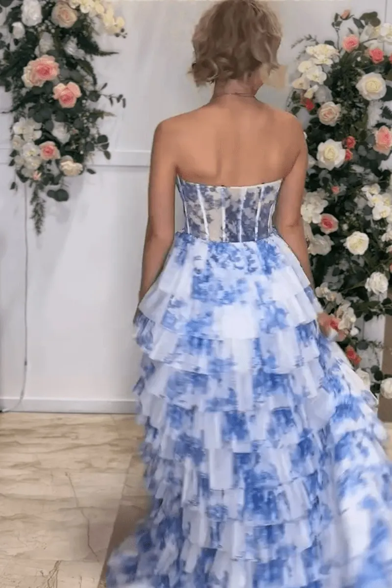Floral Printed Sweetheart Chiffon Tie A-line Long Corset Prom Dresses