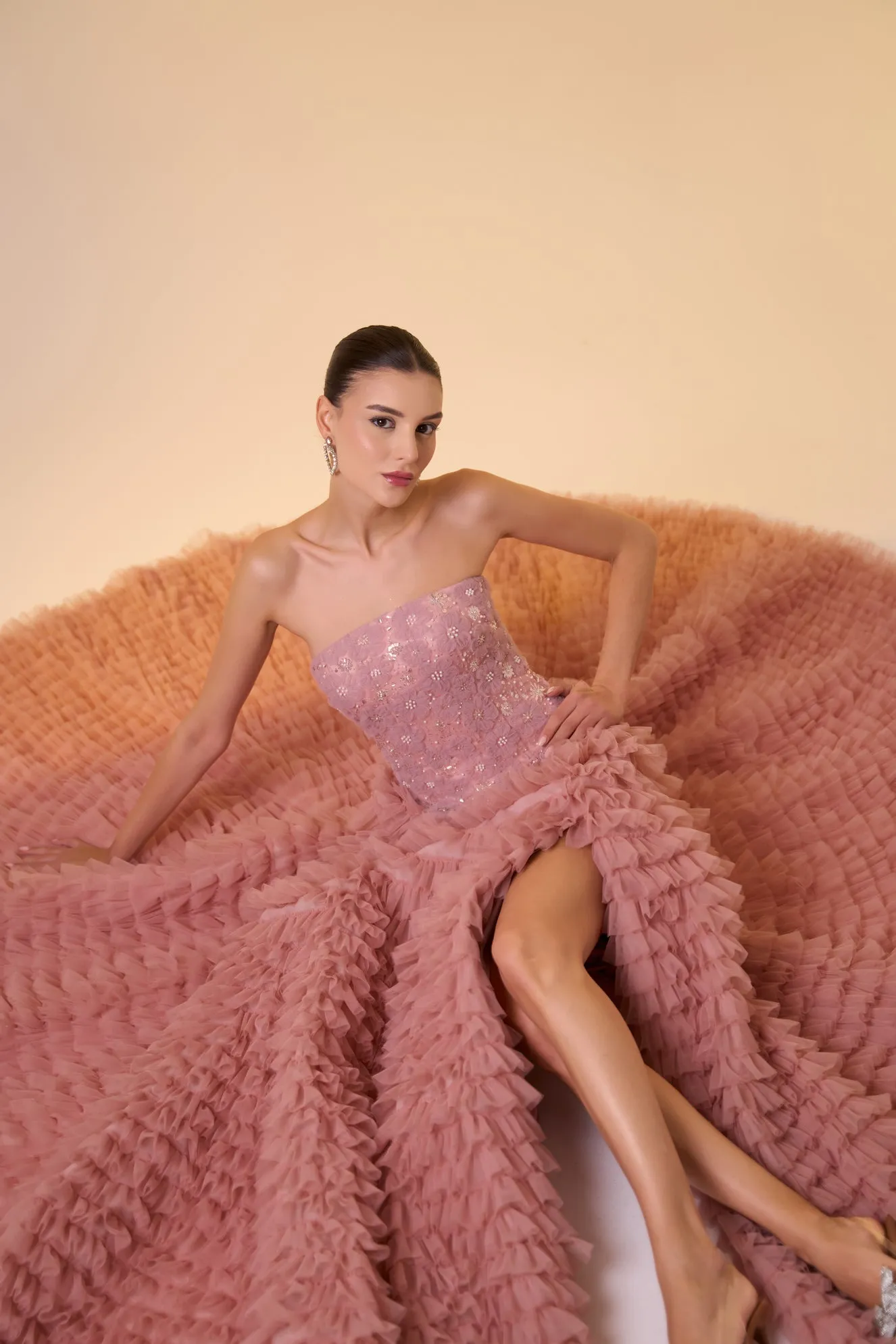 Floral ruffled tulle ball gown