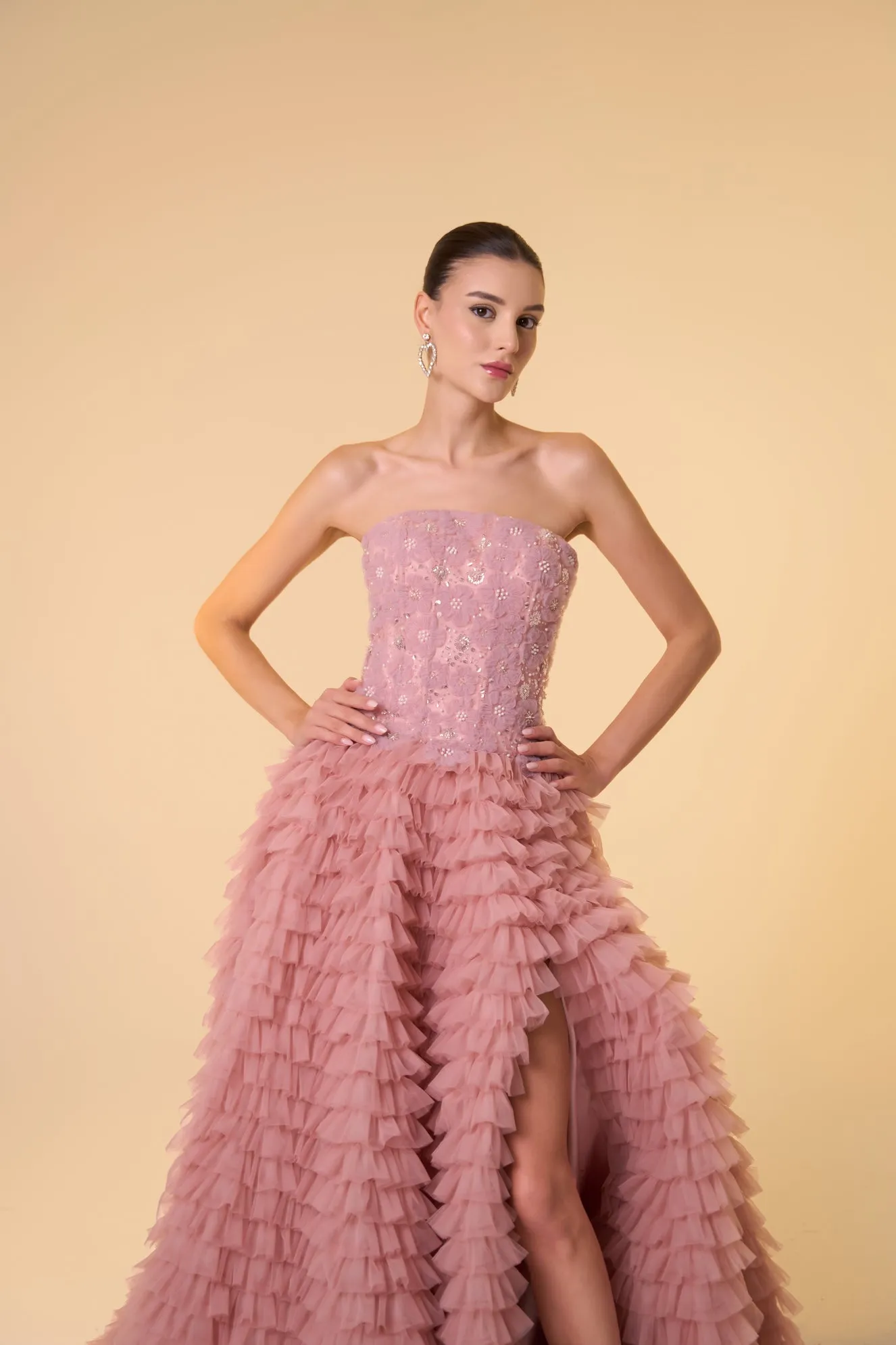 Floral ruffled tulle ball gown
