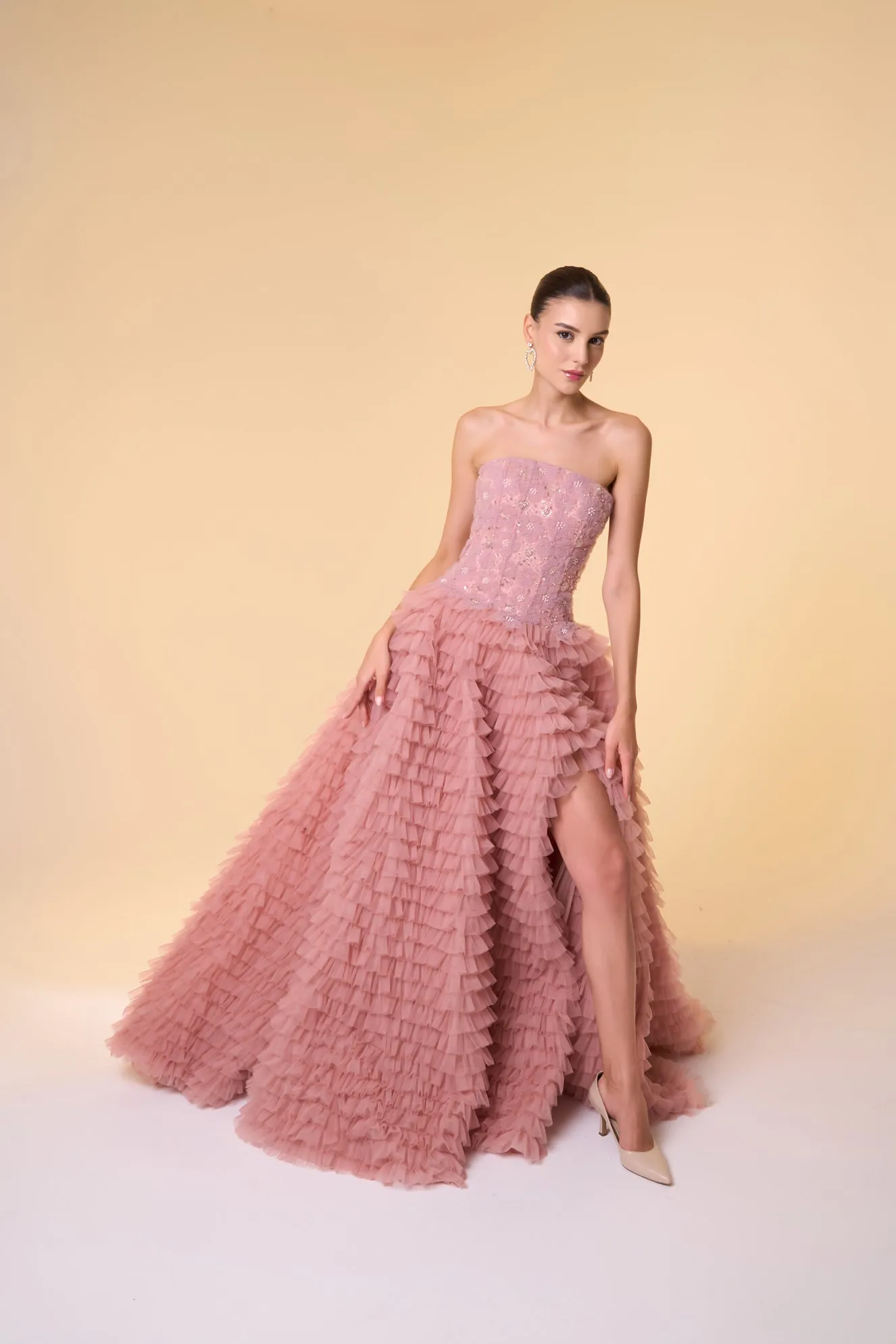 Floral ruffled tulle ball gown
