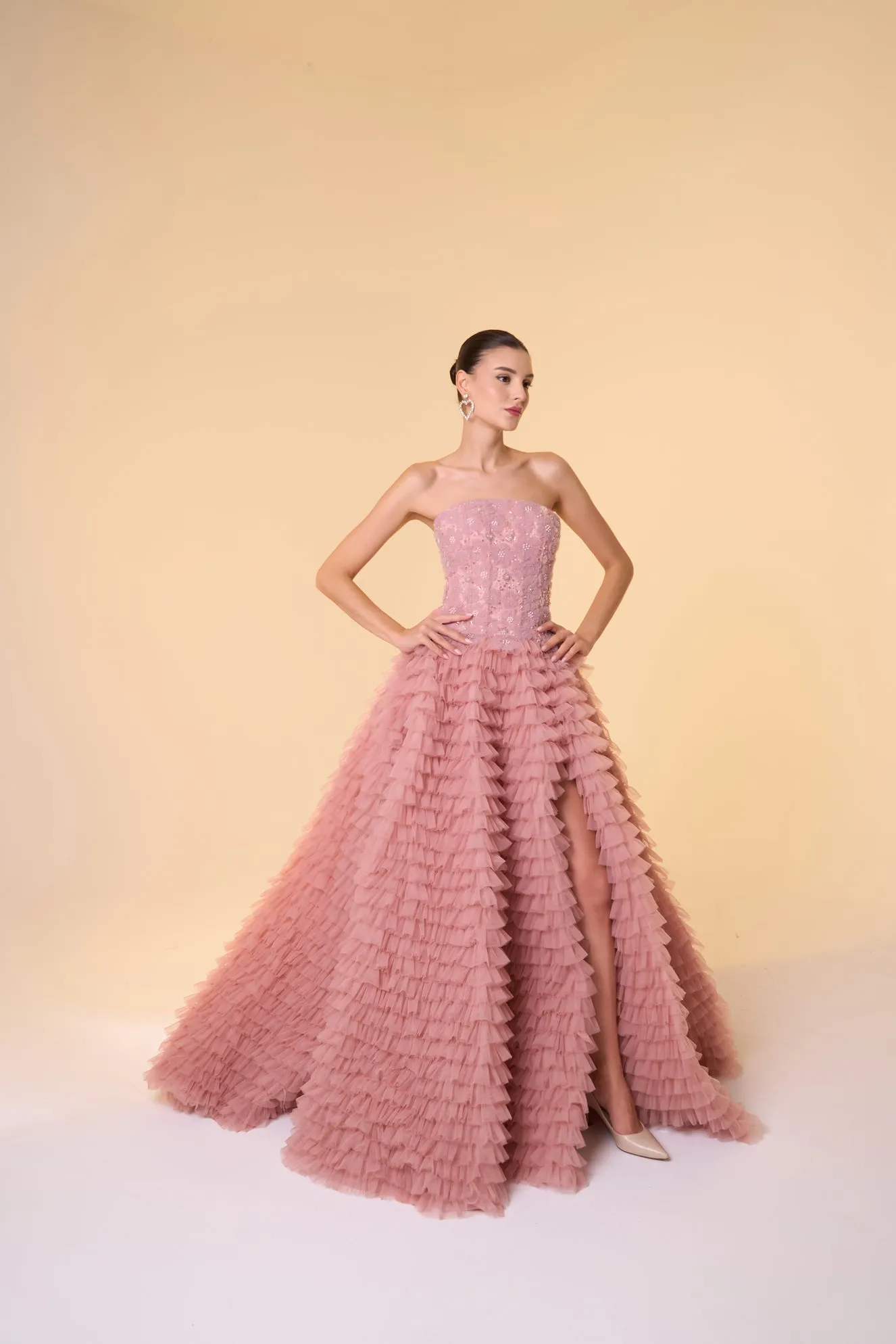 Floral ruffled tulle ball gown