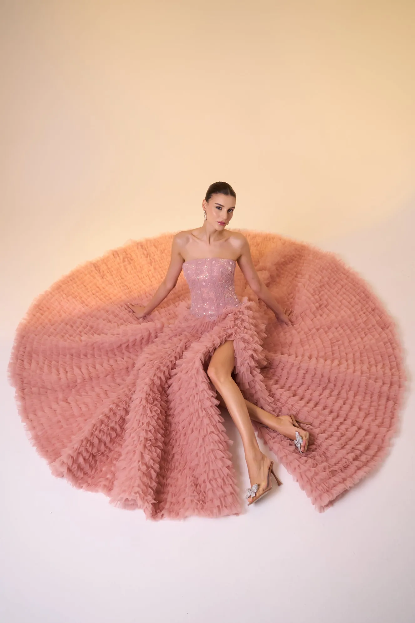 Floral ruffled tulle ball gown
