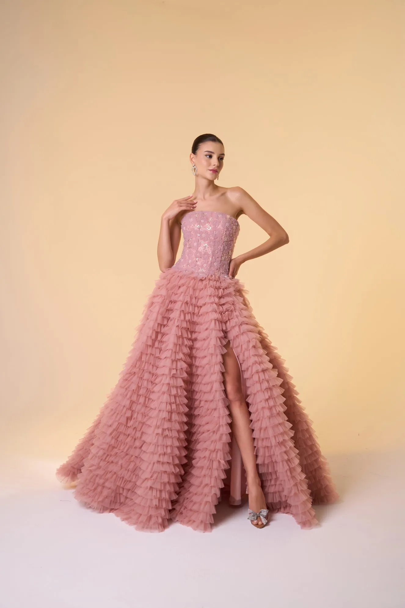 Floral ruffled tulle ball gown
