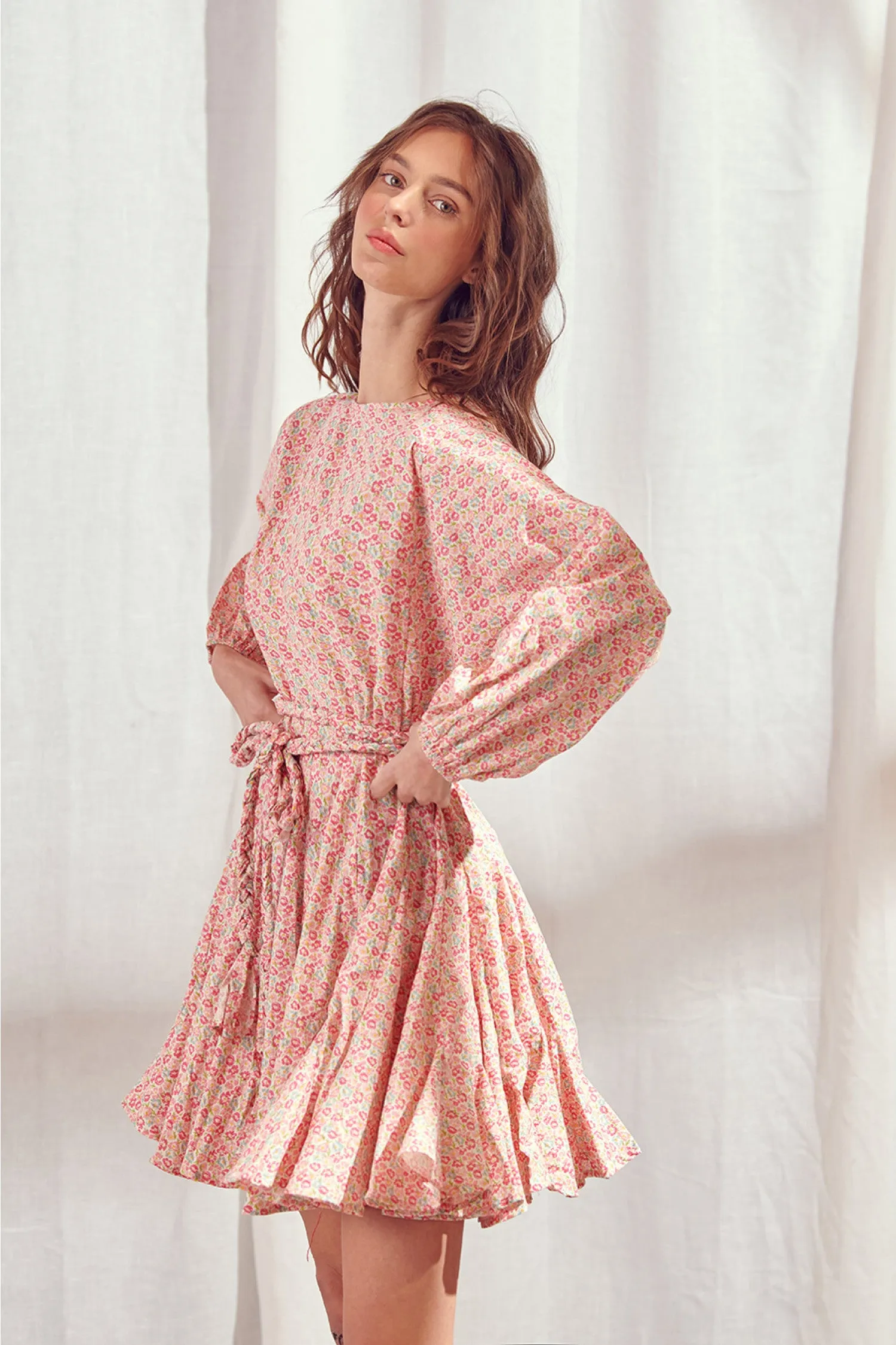 Floral Semi Pleated Mini Dress | Pink