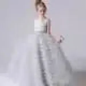 Flower Girl Dresses Gray Tulle Appliques Tiered Long Skirt Sleeveless For Wedding Birthday Party Banquet Princess Gowns