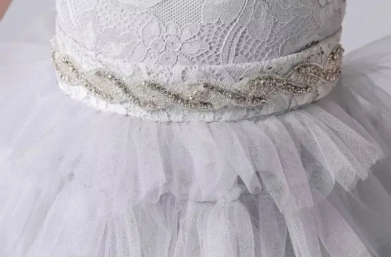 Flower Girl Dresses Gray Tulle Appliques Tiered Long Skirt Sleeveless For Wedding Birthday Party Banquet Princess Gowns