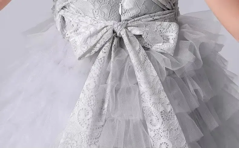 Flower Girl Dresses Gray Tulle Appliques Tiered Long Skirt Sleeveless For Wedding Birthday Party Banquet Princess Gowns
