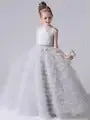 Flower Girl Dresses Gray Tulle Appliques Tiered Long Skirt Sleeveless For Wedding Birthday Party Banquet Princess Gowns