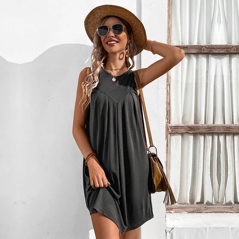 Flowing Sleeveless Sundress with Pleated Front Design