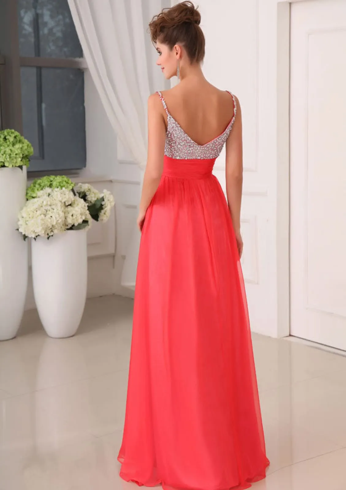 Formal A-line Sweetheart V-back Chiffon Prom Dress Long Evening Gown, Beaded