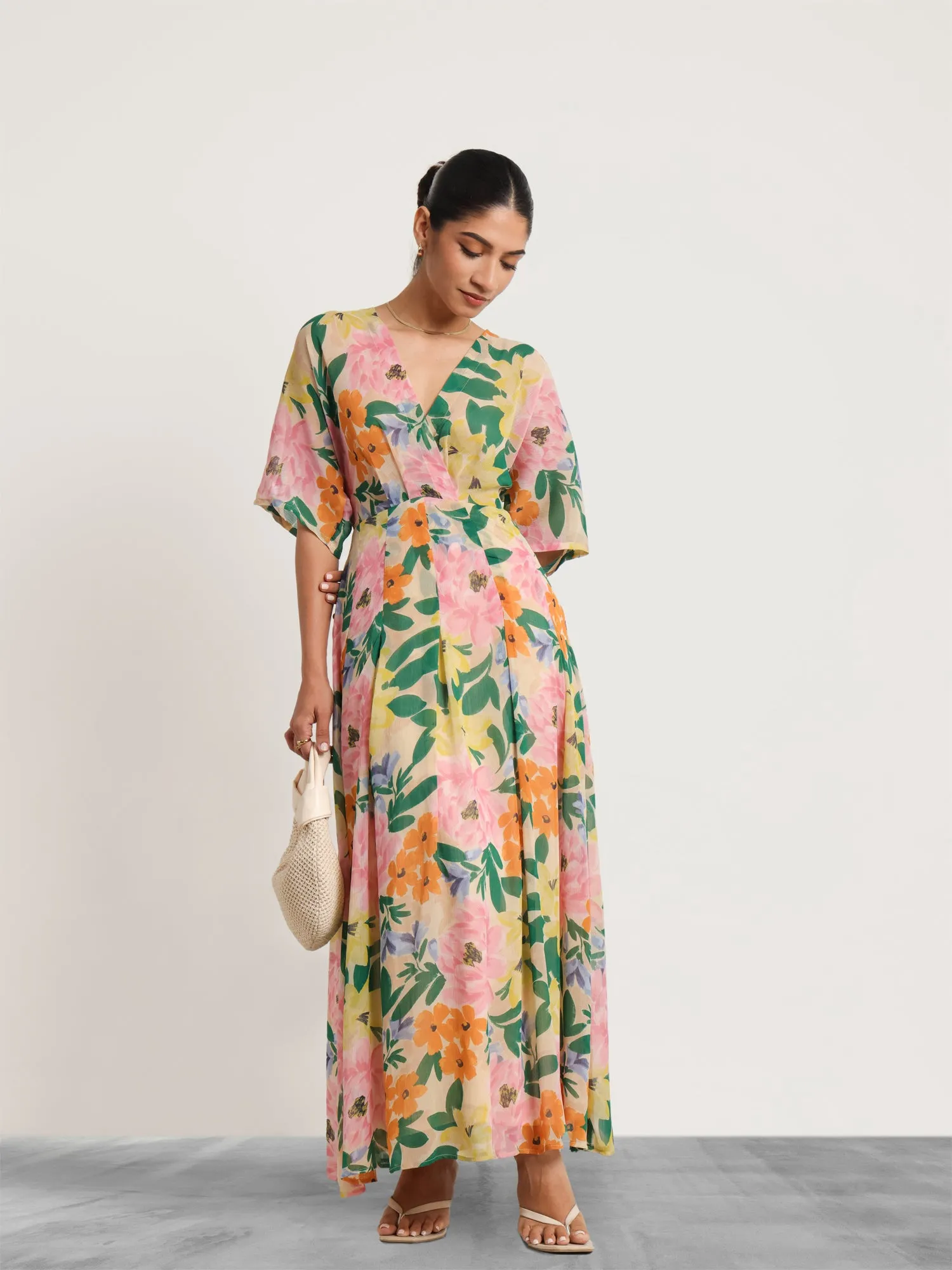 Front Overlapped Box Pleated Printed Maxi Dress