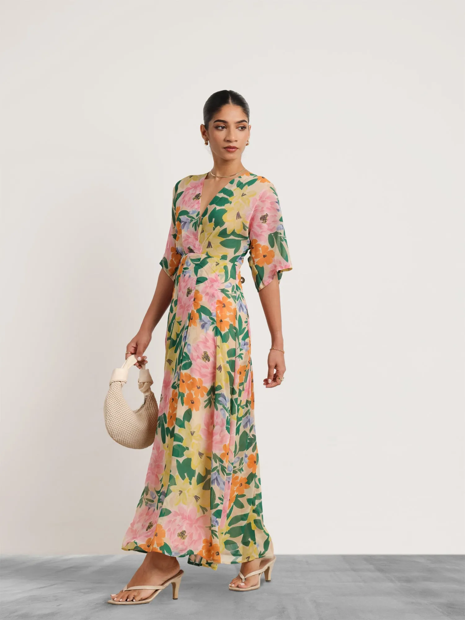 Front Overlapped Box Pleated Printed Maxi Dress