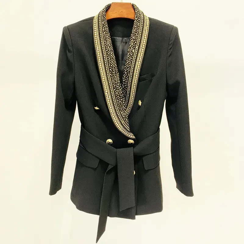 GAIL BEADED COLLAR LACE-UP DOUBLE BREASTED DRESSY BLAZER