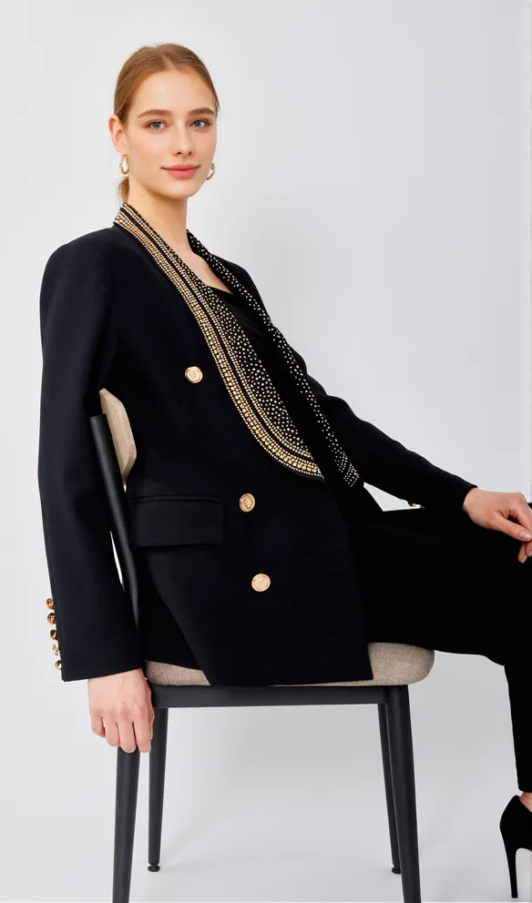 GAIL BEADED COLLAR LACE-UP DOUBLE BREASTED DRESSY BLAZER