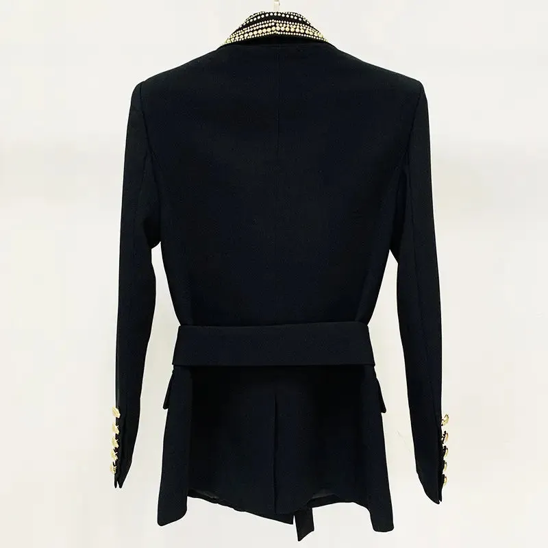 GAIL BEADED COLLAR LACE-UP DOUBLE BREASTED DRESSY BLAZER