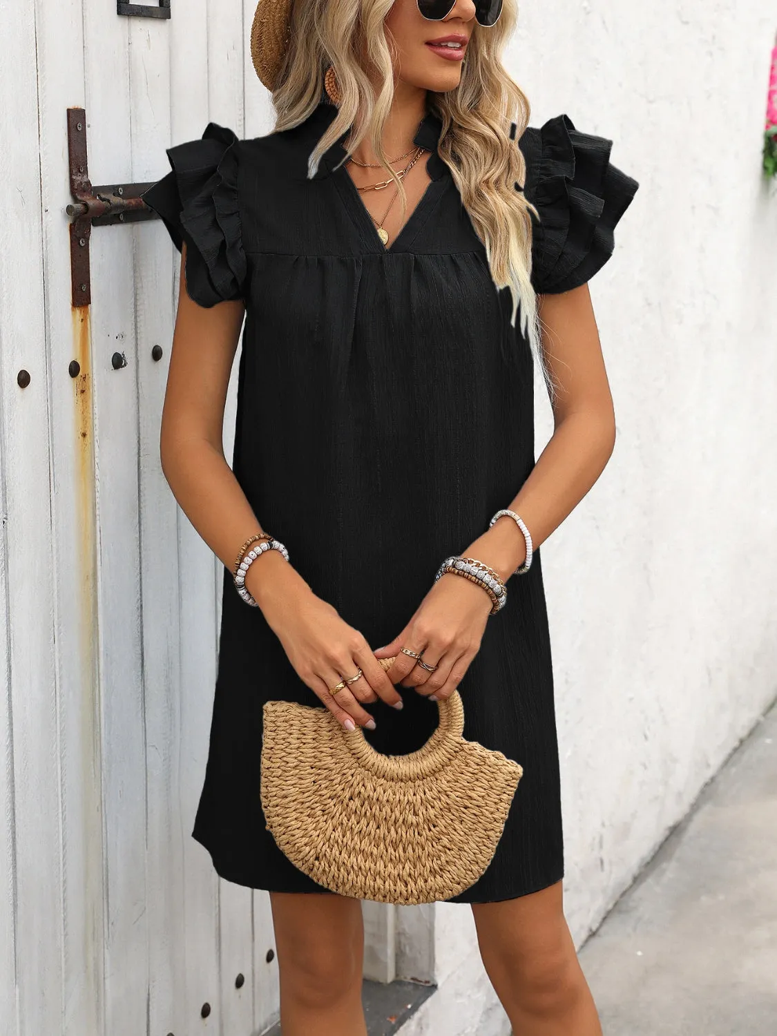 Genesis Ruffled Notched Cap Sleeve Mini Dress