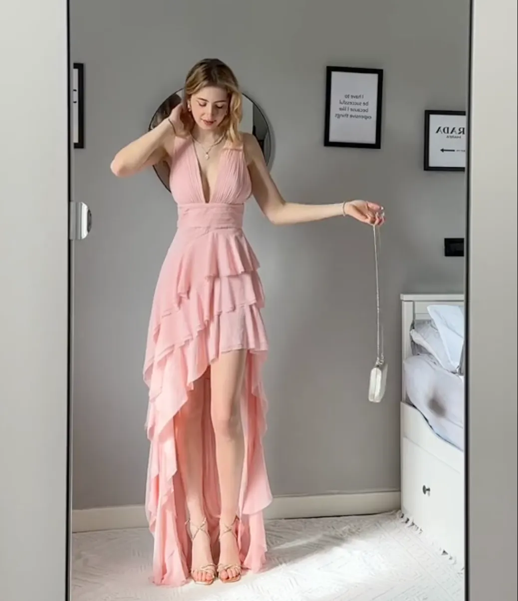 Gillian | Pink Asymmetric Ruffled Maxi Dress