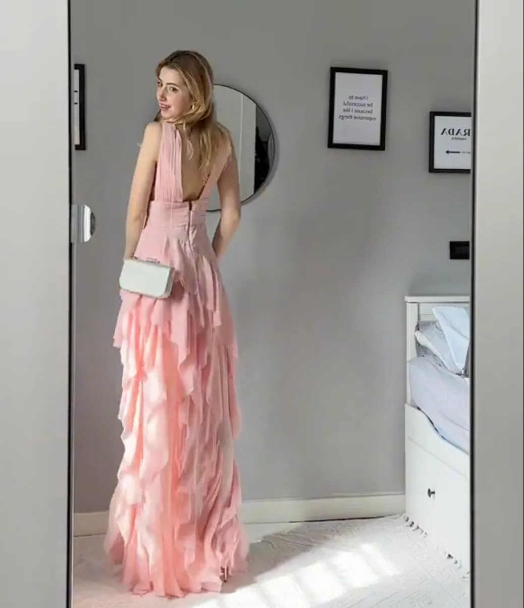 Gillian | Pink Asymmetric Ruffled Maxi Dress