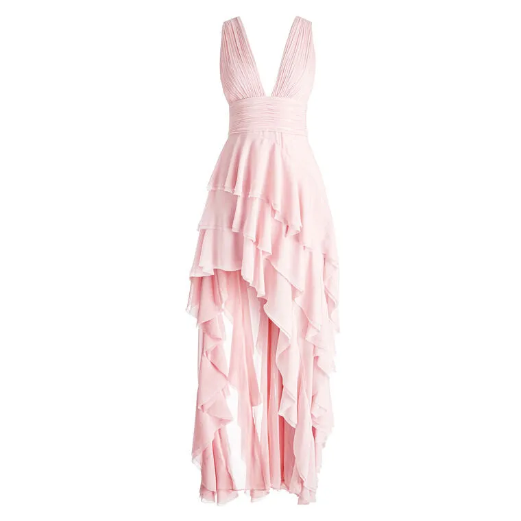 Gillian | Pink Asymmetric Ruffled Maxi Dress
