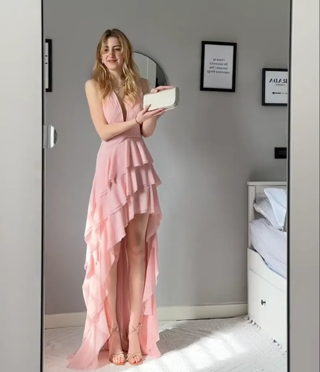 Gillian | Pink Asymmetric Ruffled Maxi Dress