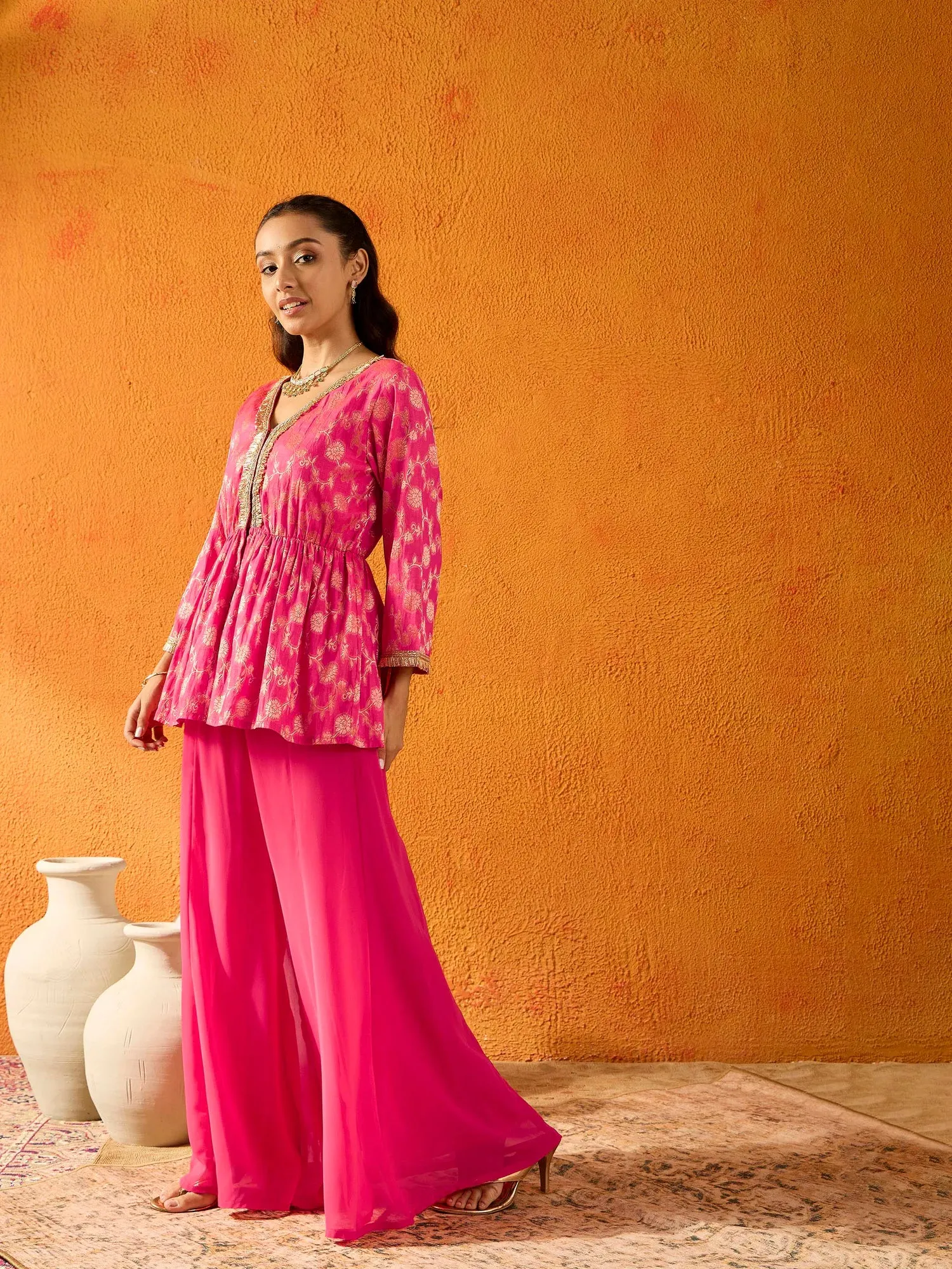 Girls Fuchsia Brocade V- Neck Peplum Top With Palazzos-NVSETS9935