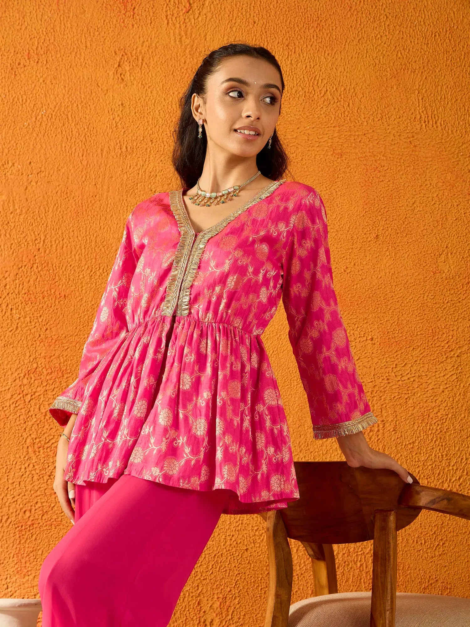 Girls Fuchsia Brocade V- Neck Peplum Top With Palazzos-NVSETS9935