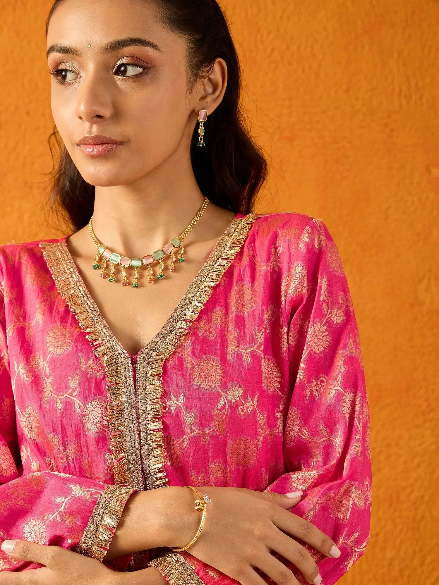 Girls Fuchsia Brocade V- Neck Peplum Top With Palazzos-NVSETS9935