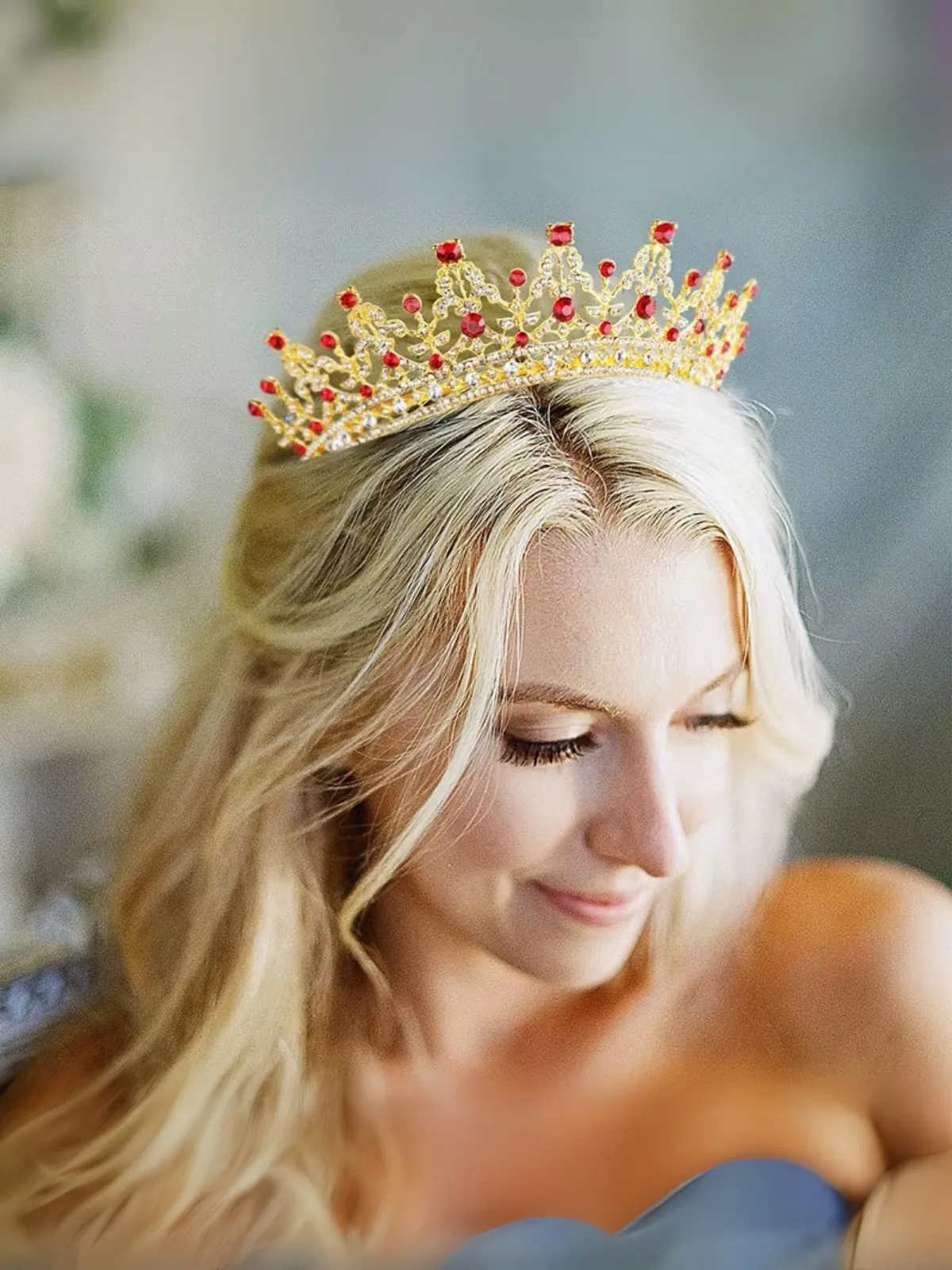 Girls Gold Fancy Red Rhinestone Crown