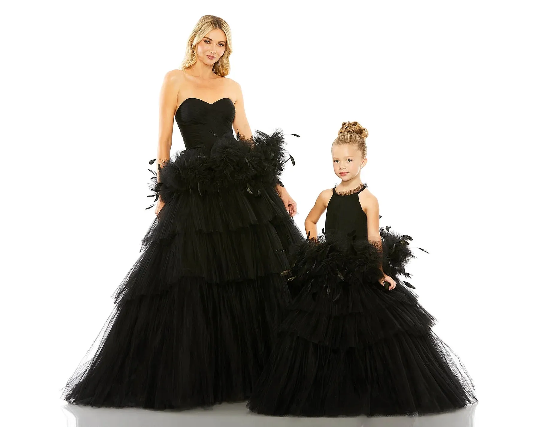 GIRLS HIGH NECK TULLE DRESS WITH FEATHER DETAIL