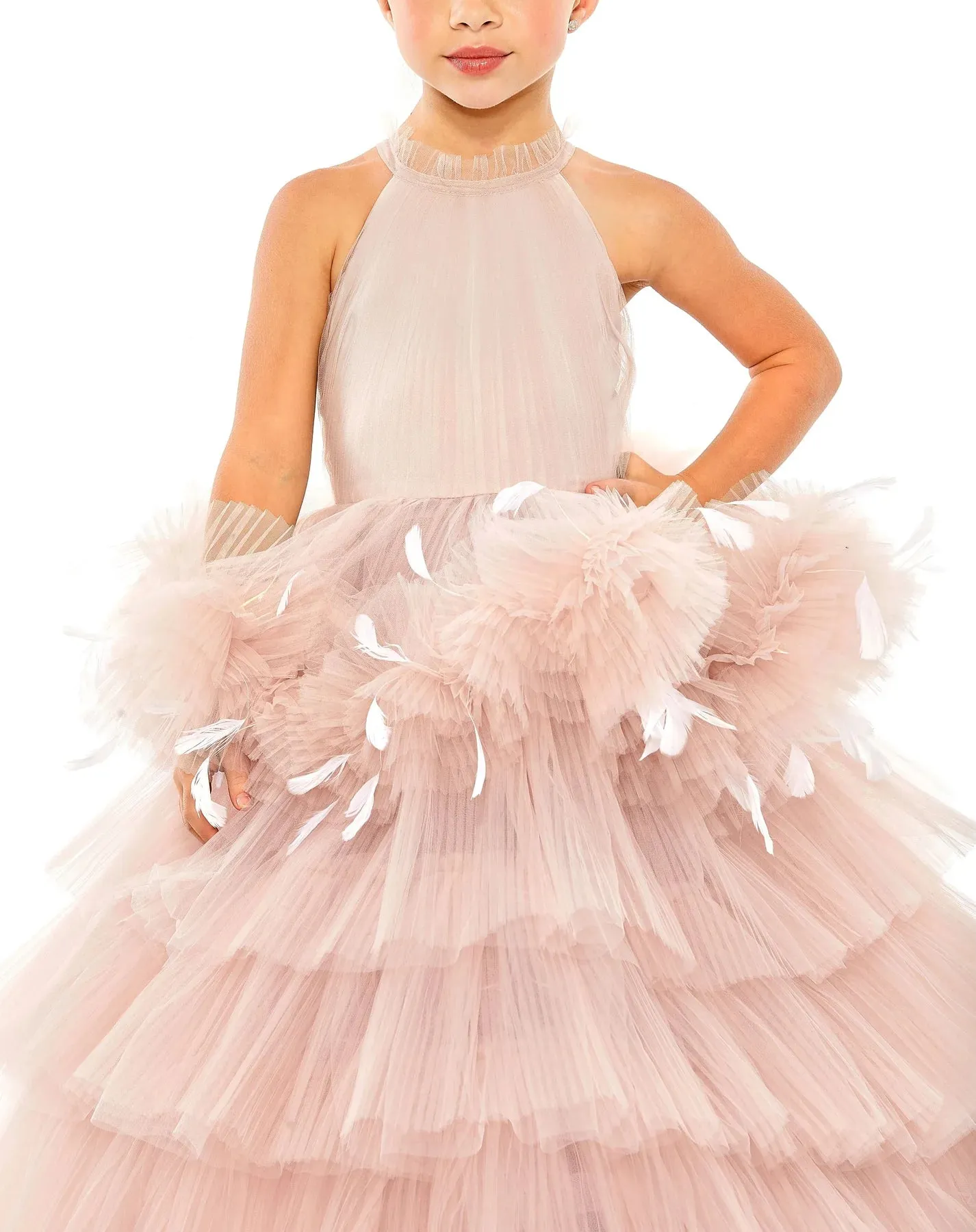GIRLS HIGH NECK TULLE DRESS WITH FEATHER DETAIL