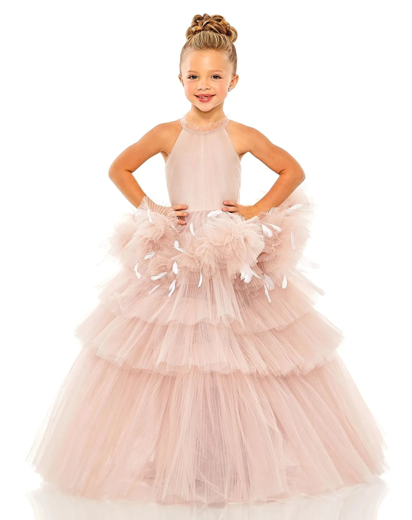 GIRLS HIGH NECK TULLE DRESS WITH FEATHER DETAIL