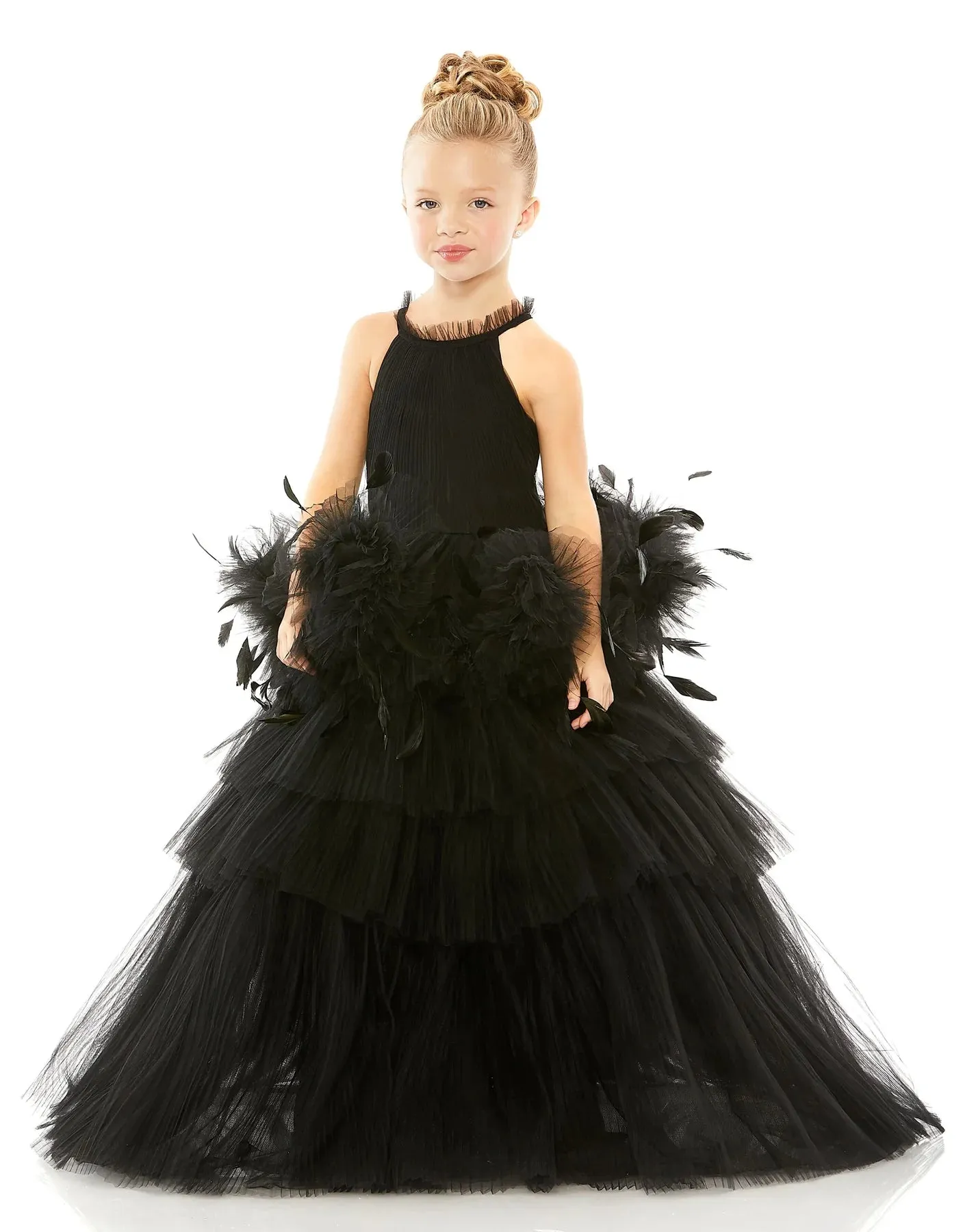 GIRLS HIGH NECK TULLE DRESS WITH FEATHER DETAIL