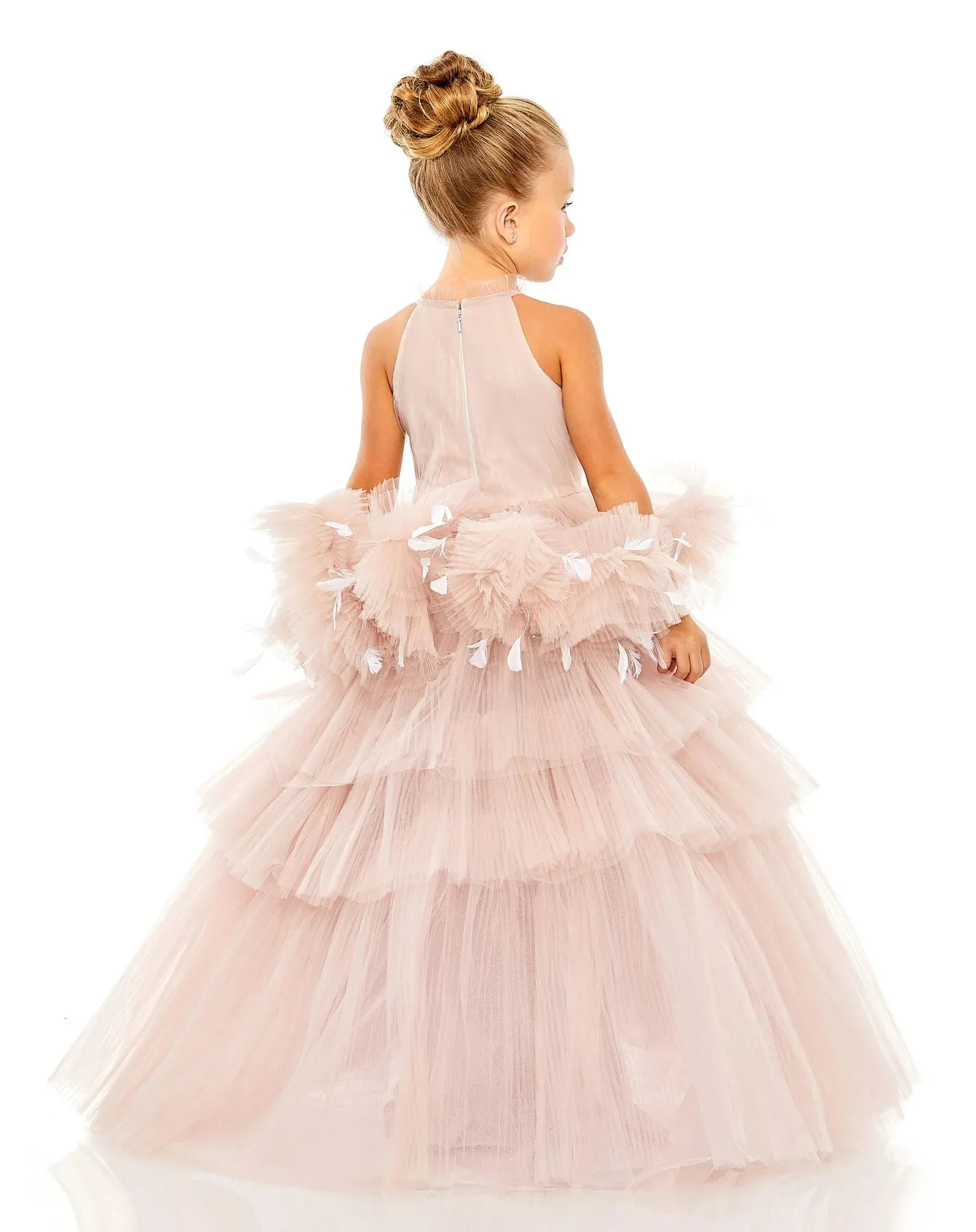 GIRLS HIGH NECK TULLE DRESS WITH FEATHER DETAIL