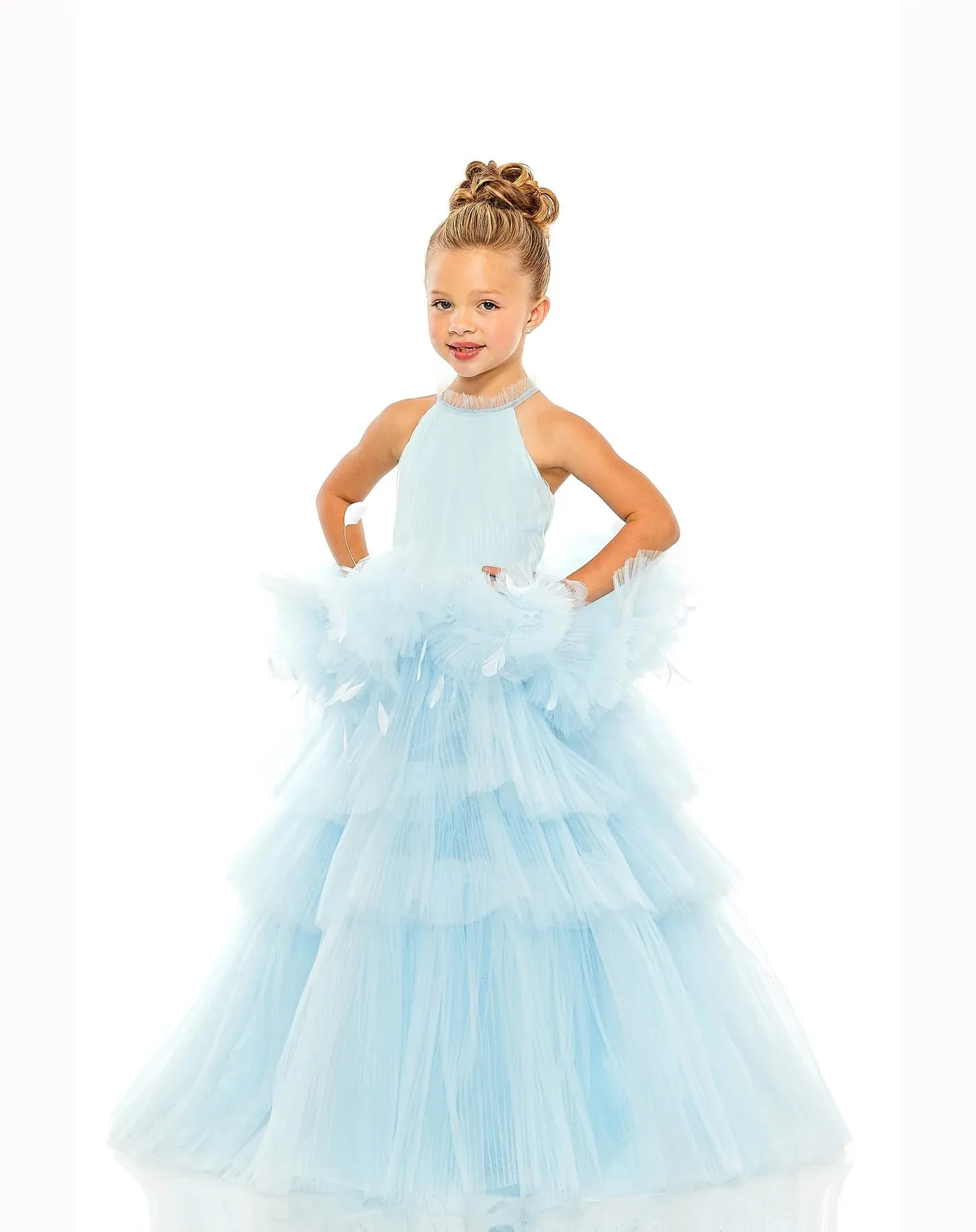GIRLS HIGH NECK TULLE DRESS WITH FEATHER DETAIL