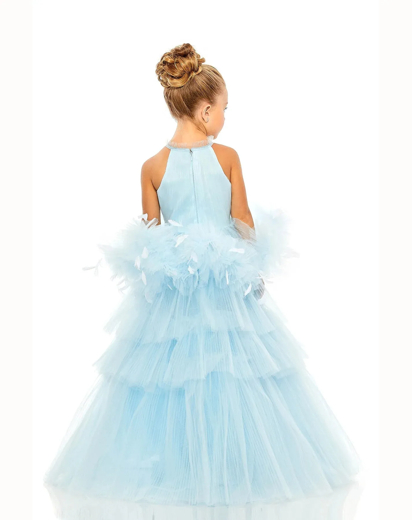 GIRLS HIGH NECK TULLE DRESS WITH FEATHER DETAIL