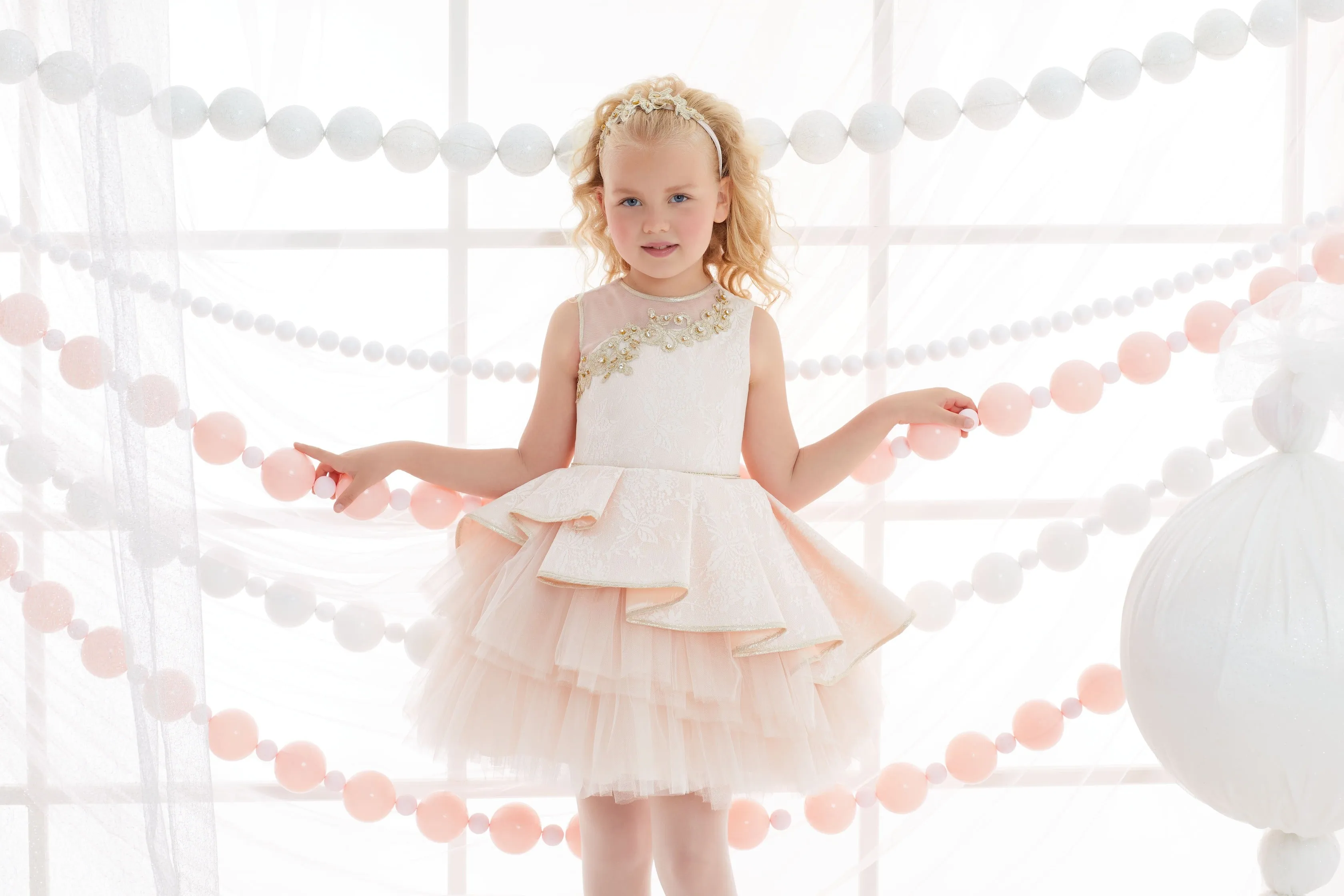 Girl's Lace overlay Dress With gold embroidery applique