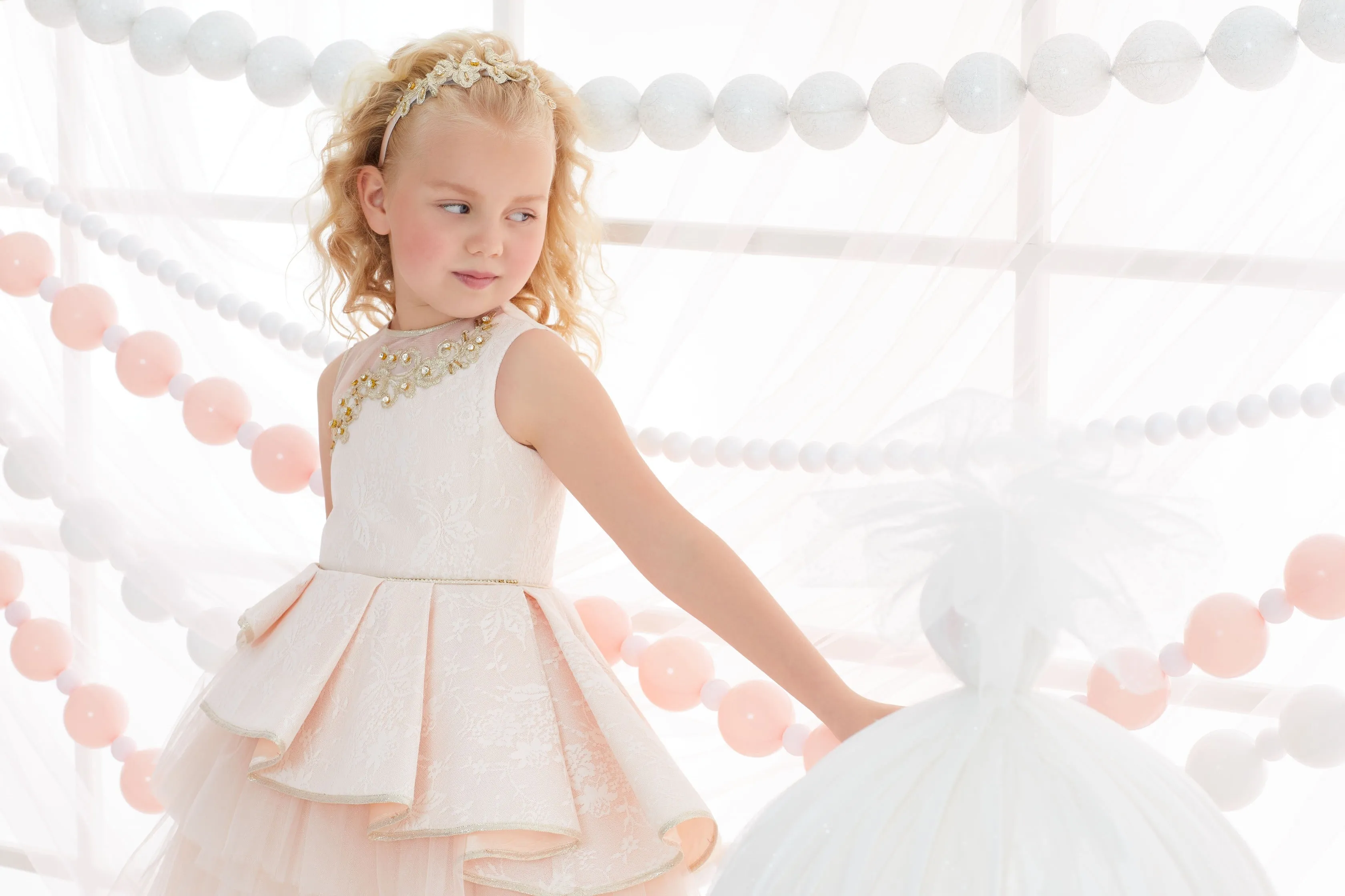 Girl's Lace overlay Dress With gold embroidery applique