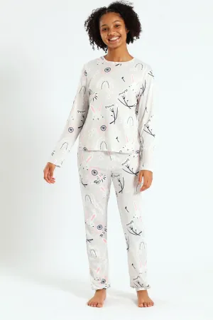 Girls Long Sleeve Bunnies Print Set - Grey