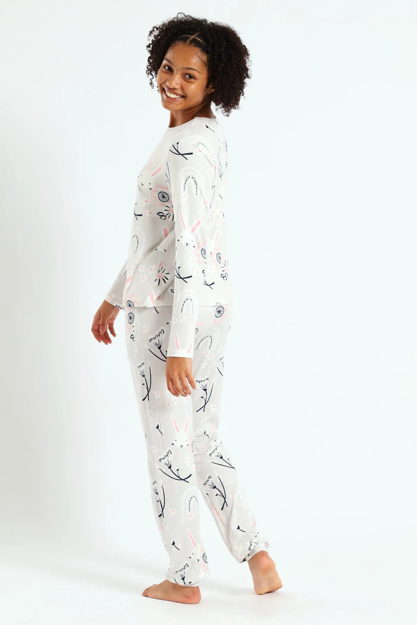 Girls Long Sleeve Bunnies Print Set - Grey