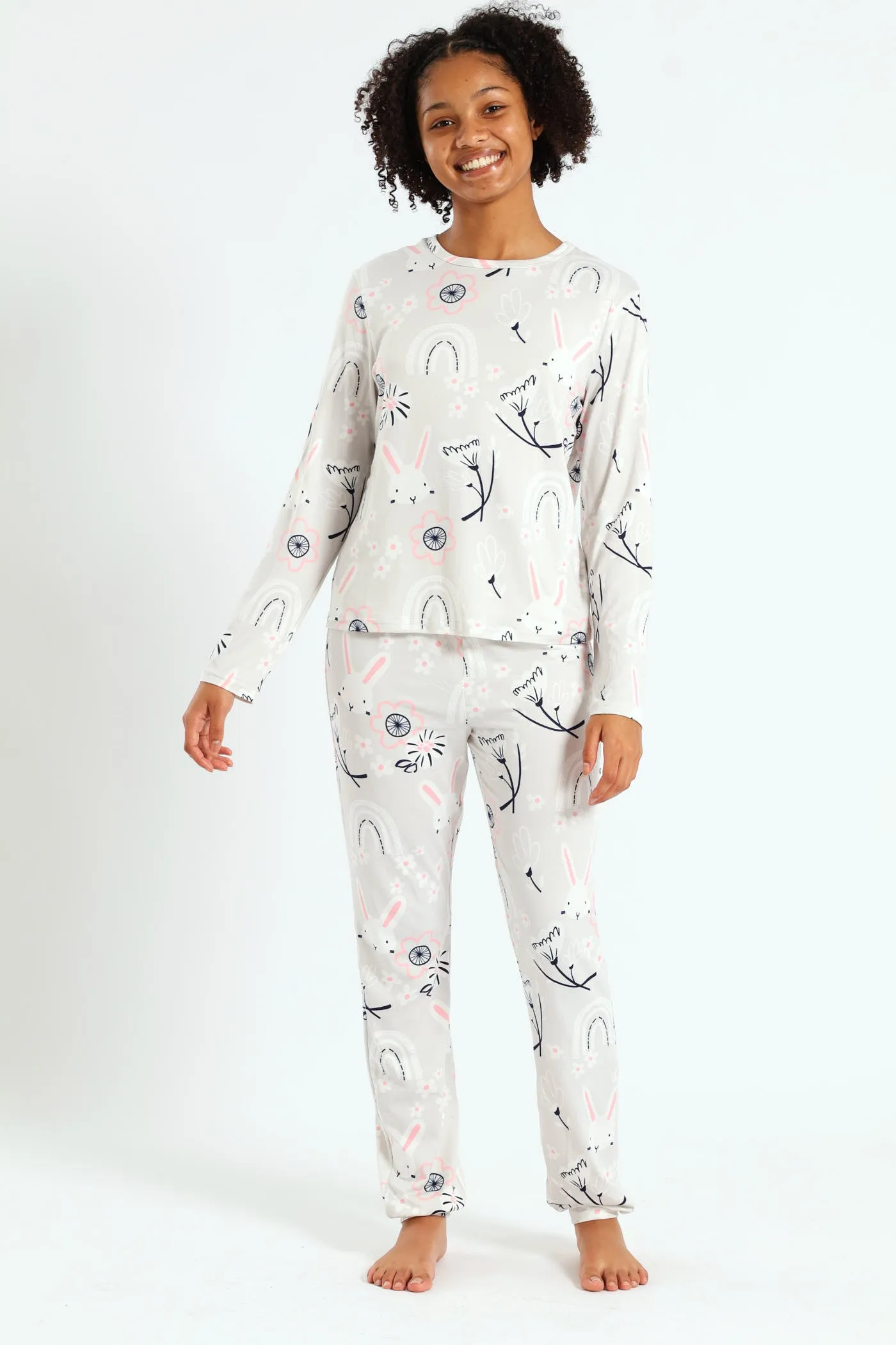 Girls Long Sleeve Bunnies Print Set - Grey