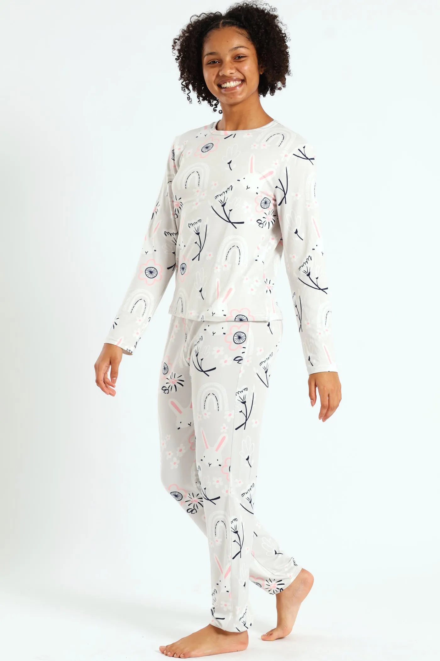 Girls Long Sleeve Bunnies Print Set - Grey