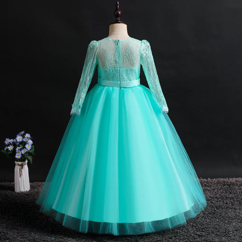 Girls Long Sleeve Lace Party Dress Flower Girl Maxi Gowns for Wedding